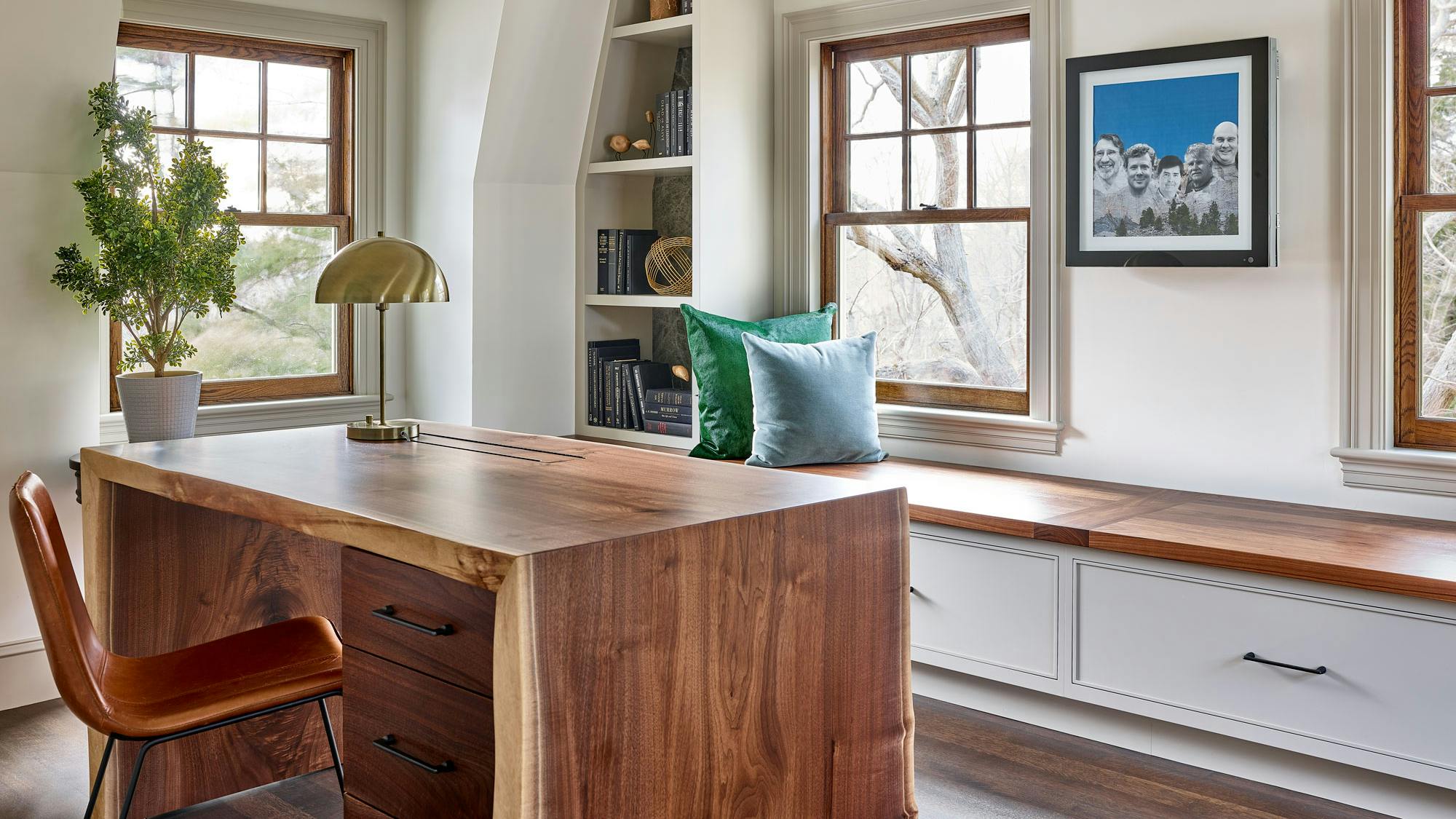 Custom walnut live edge desk with waterfall legs in this Old House for the Cape Ann Project.