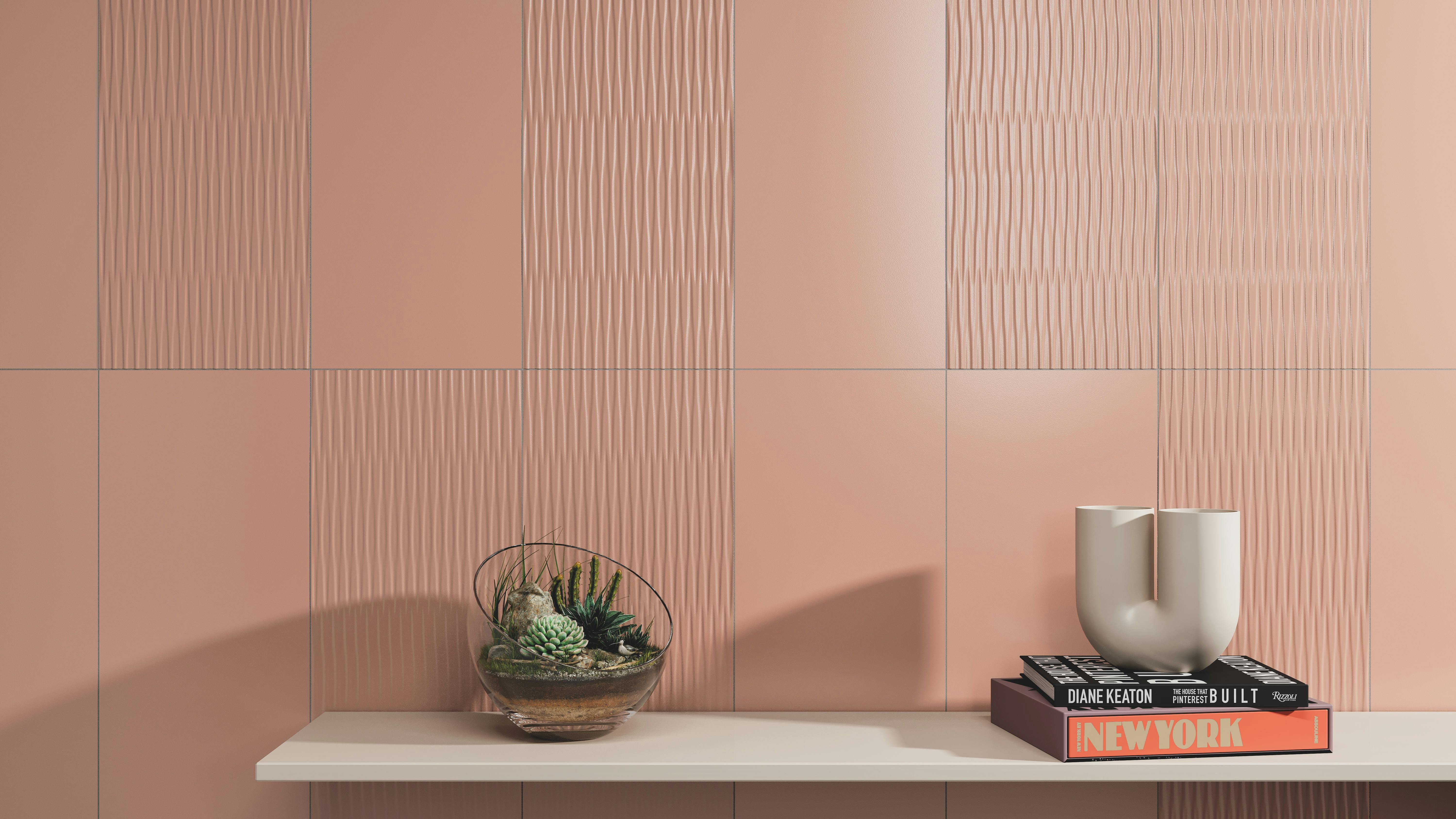 Crossville Coral ceramic wall tile in pearlescent flat and 3D finishes.