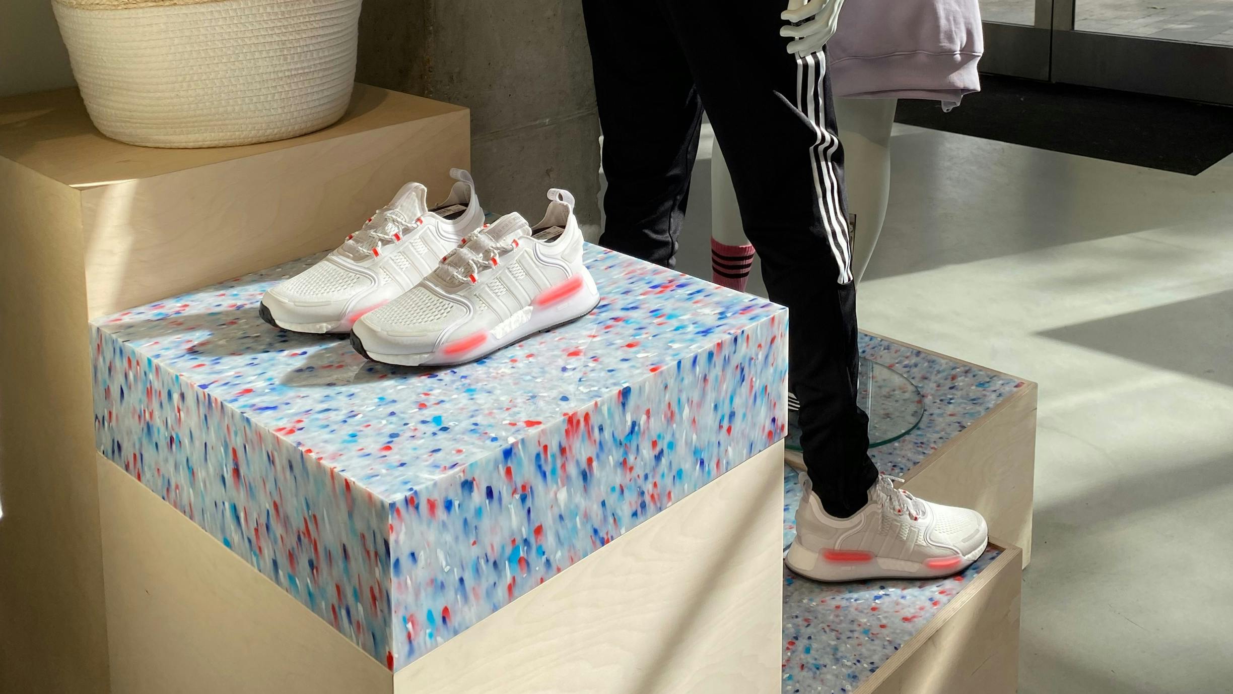 The Good Plastic Company's Polygood Bespoke 45 pattern was installed on display shelving at Footlocker.