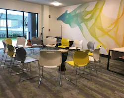 Splashes of color among relaxing neutrals, along with soundwave-inspired wall art, brightens a music therapy room at a Skyland Trail facility. Splashes of color among relaxing neutrals, along with soundwave-inspired wall art, brightens a music therapy room at a Skyland Trail facility.