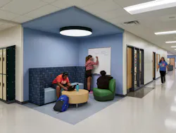 Touchdown spaces for study and socialization are sprinkled between classrooms across the six new schools. Touchdown spaces for study and socialization are sprinkled between classrooms across the six new schools.
