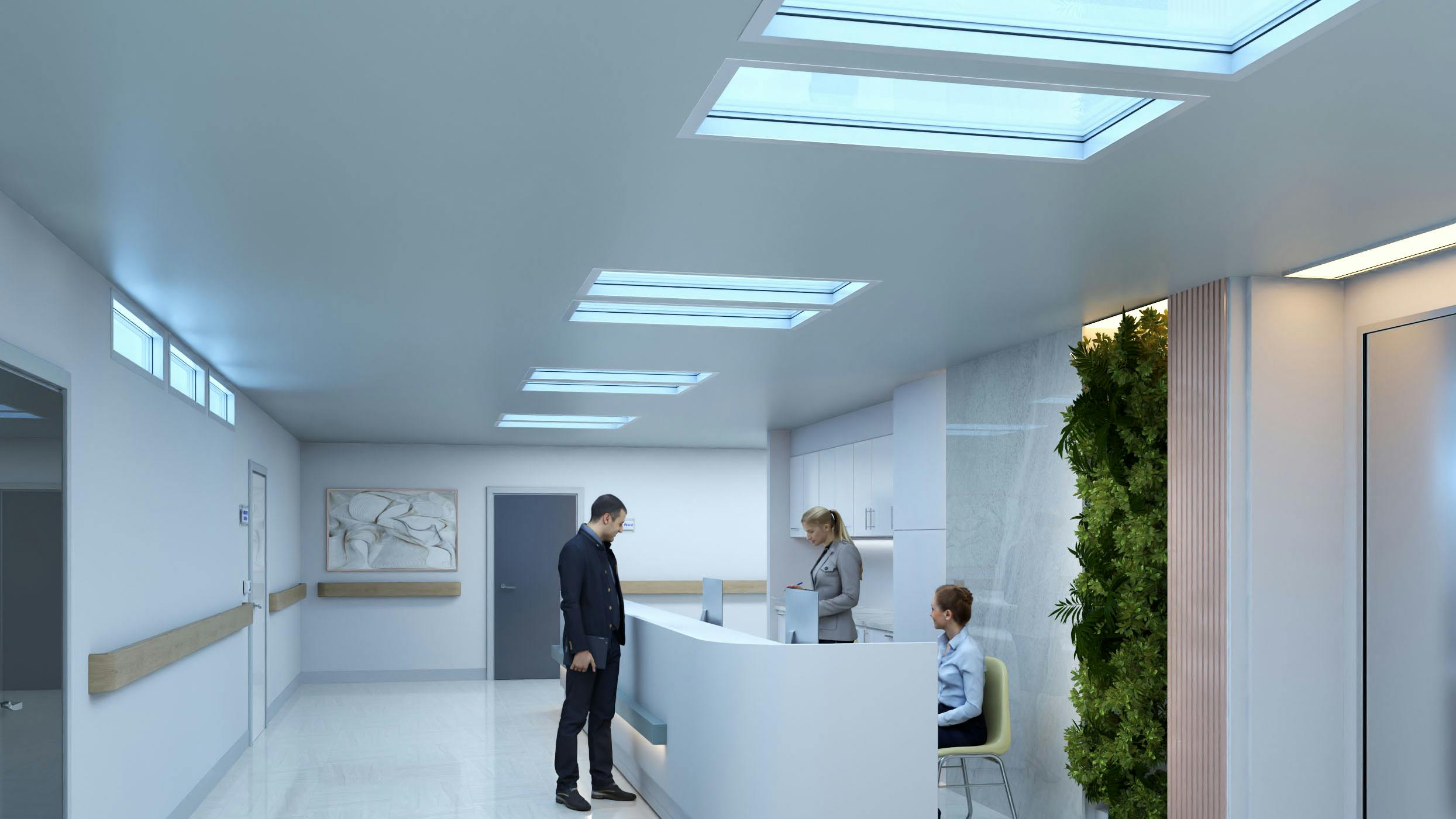 Innerscene Circadian Sky ceiling installation offers appears of double paned window.