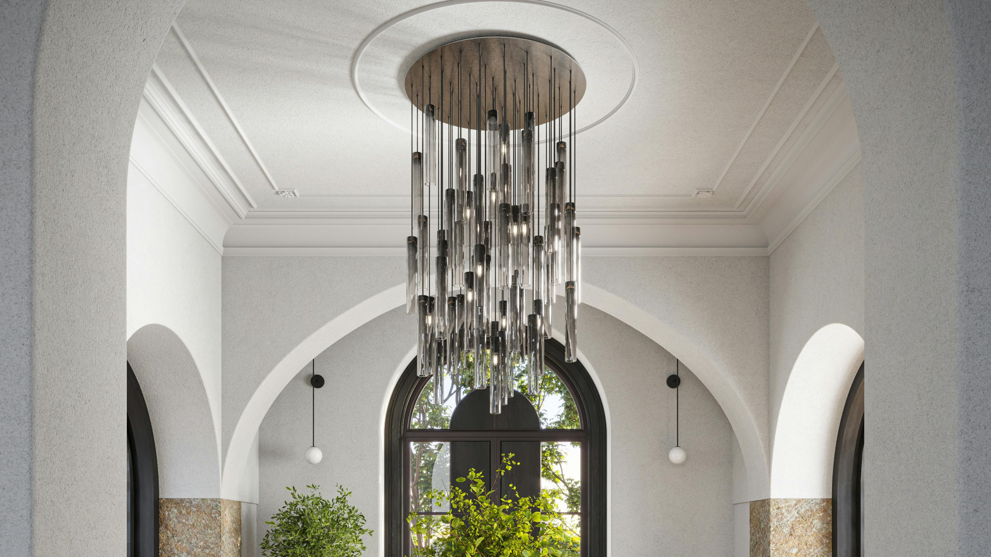 Tracy Glover Rain Chandelier hanging in an entry.