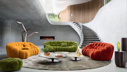 Bubble Curved 3/4-seat sofa in Ocre, Olive and Terracotta. Bubble Curved 3/4-seat sofa in Ocre, Olive and Terracotta.