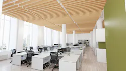 Decoustics Impressions ceiling and wall system offers sound suppression and nature-inspired aesthetics in panel and baffle configurations; other customizations upon request. Decoustics Impressions ceiling and wall system offers sound suppression and nature-inspired aesthetics in panel and baffle configurations; other customizations upon request.