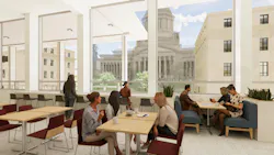 Computer rendering of cafe/dining area in library with people sitting at tables and booths next to windows with government building in the background. Computer rendering of cafe/dining area in library with people sitting at tables and booths next to windows with government building in the background.