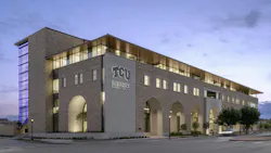 Exterior view of four-story TCU medical school building at dusk. Exterior view of four-story TCU medical school building at dusk.