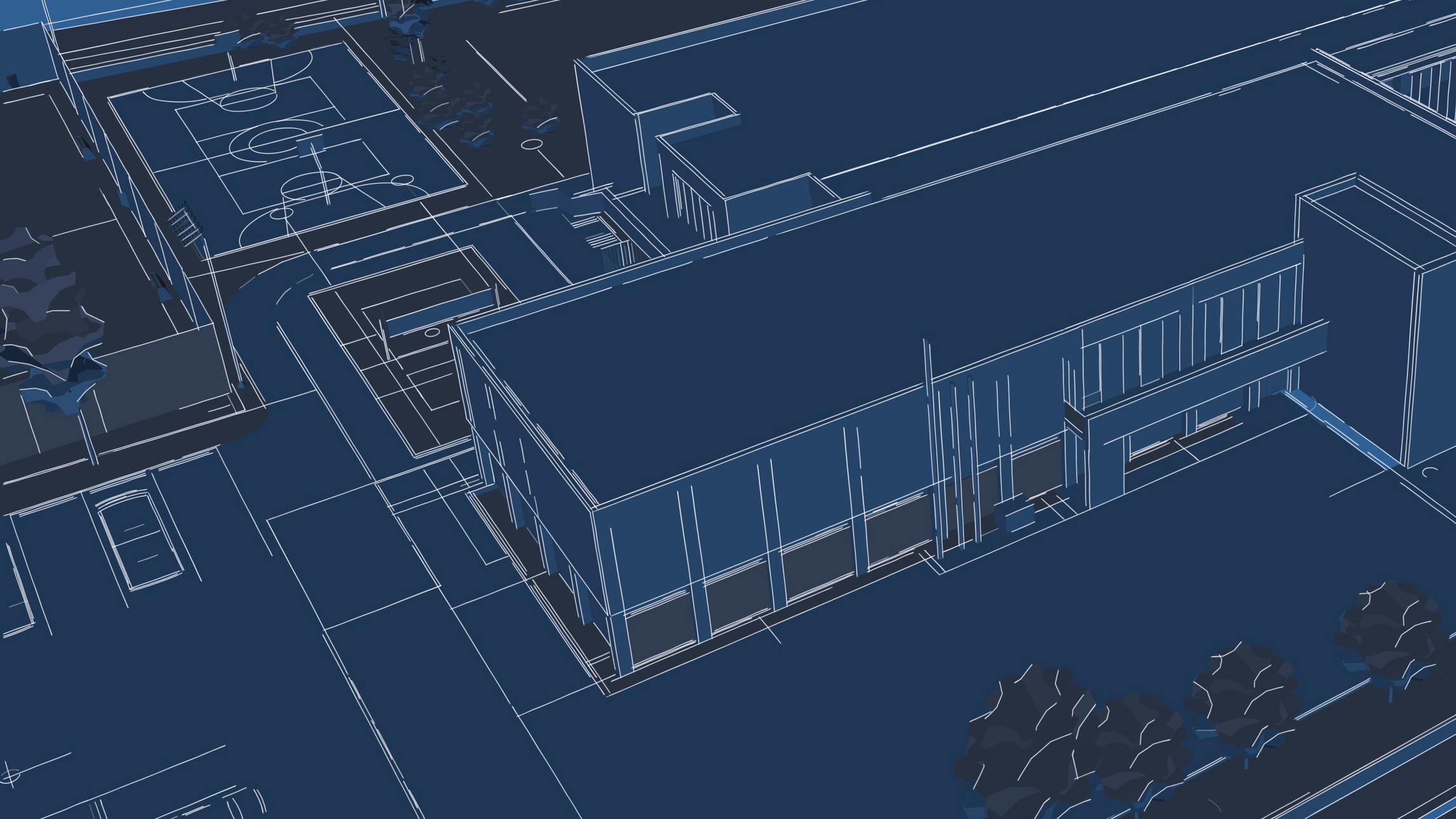 Blueprint-style illustration of a school building