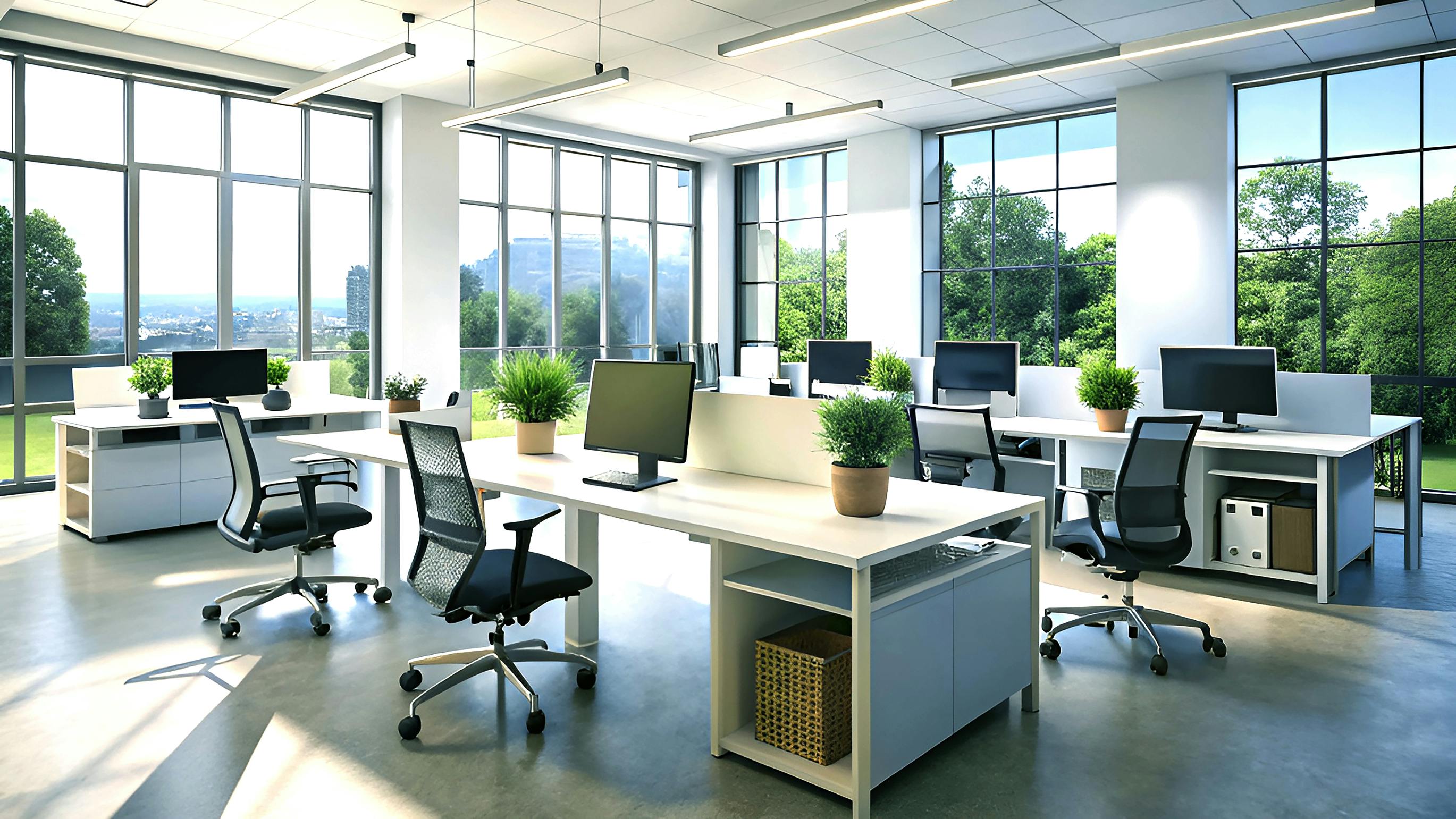 Modern commercial workplace design factors in authenticity, dynamic configurations, and biophilic elements.