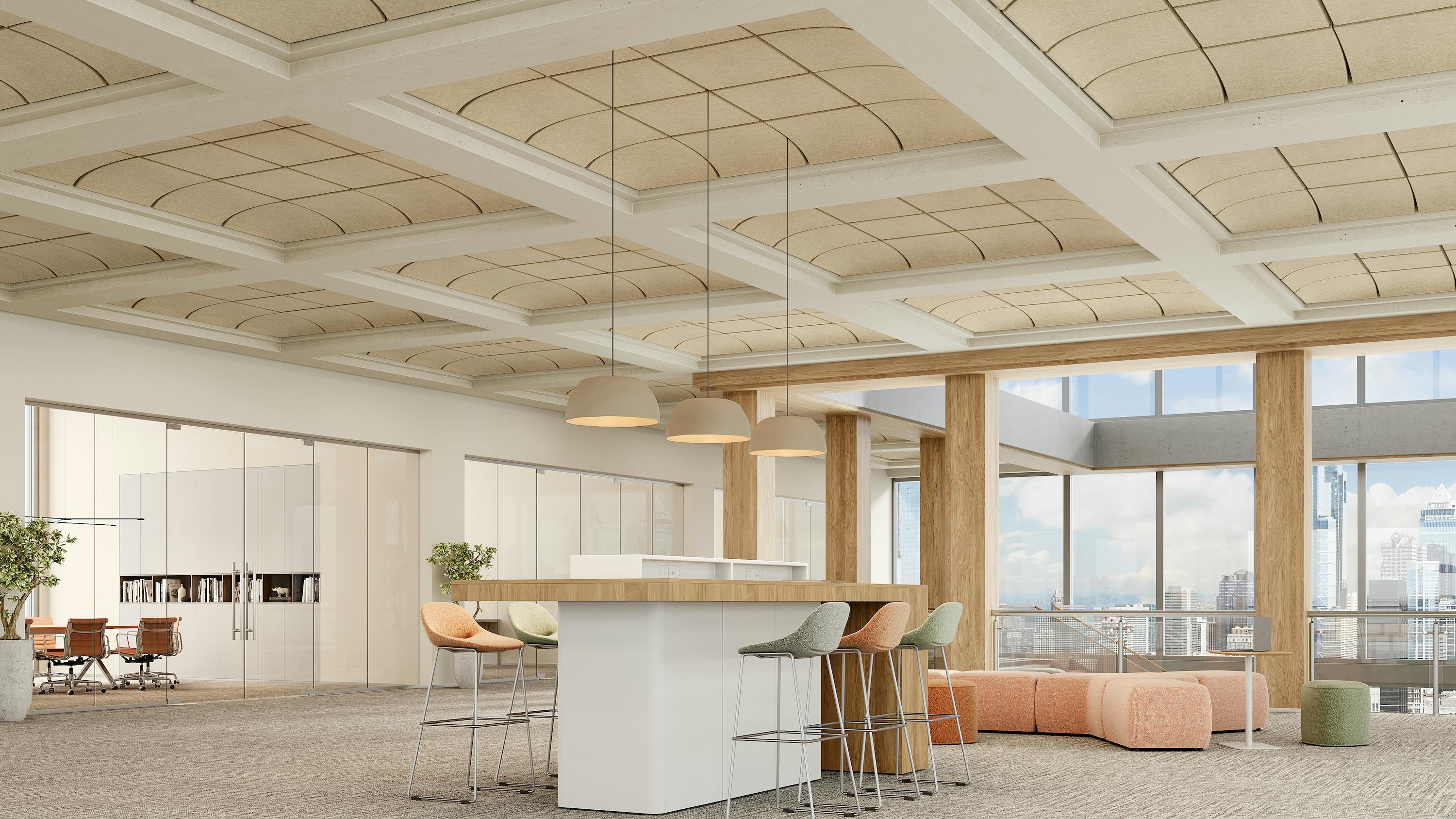 Arcade acoustic ceiling tiles in a reception area.