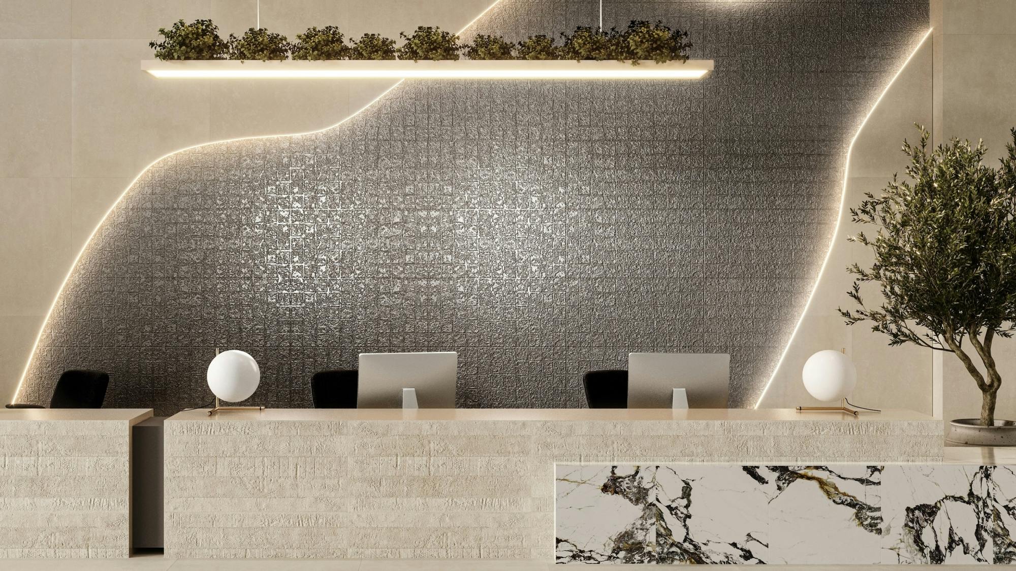 Ceramicas Aparici&rsquo;s Abstra is used in a futuristic commercial lobby setting.