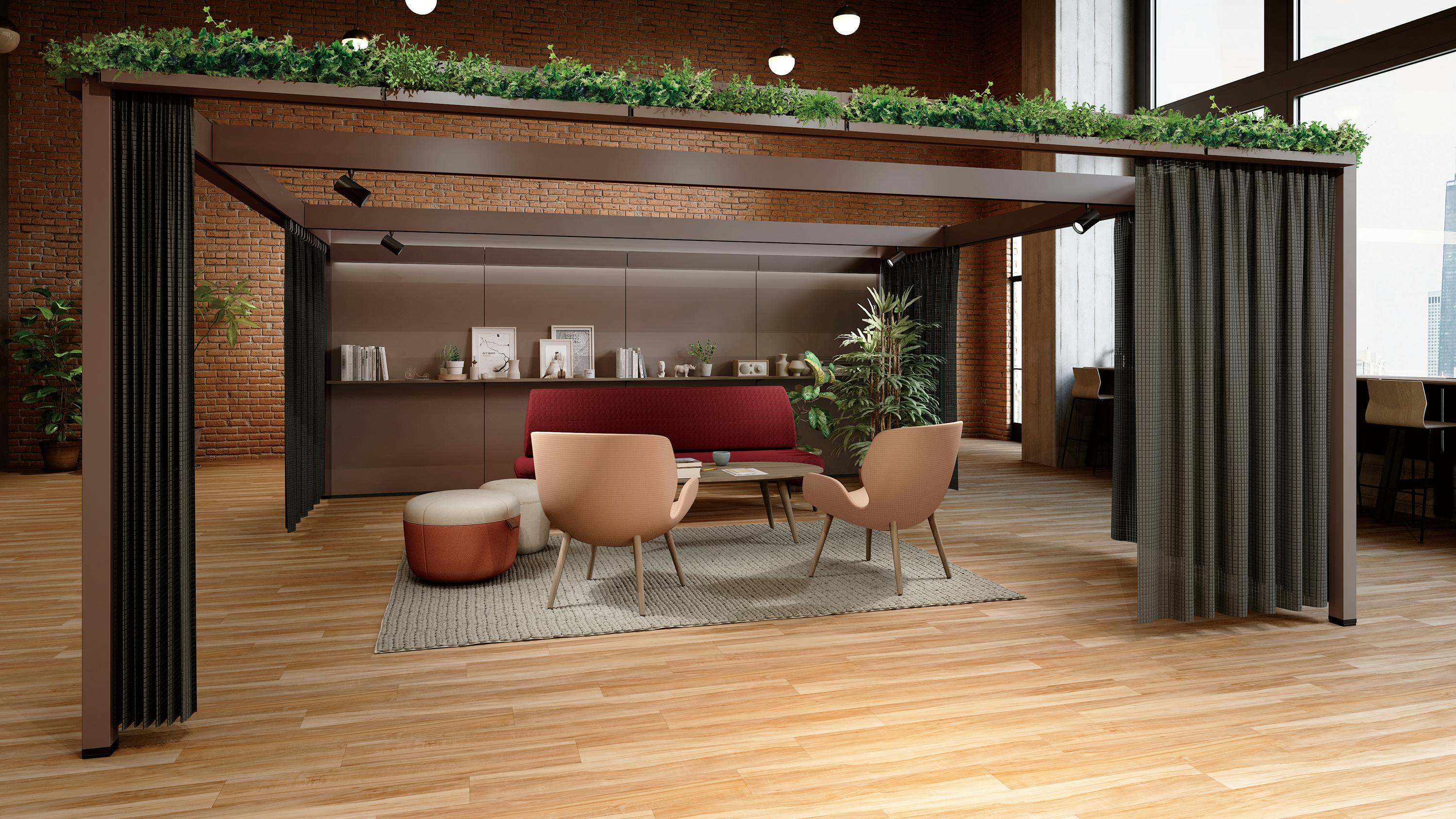 Okamura partnered with Snowsound to upgrade Post + Beam with drapery. The spacemaker surrounds tables and chairs.