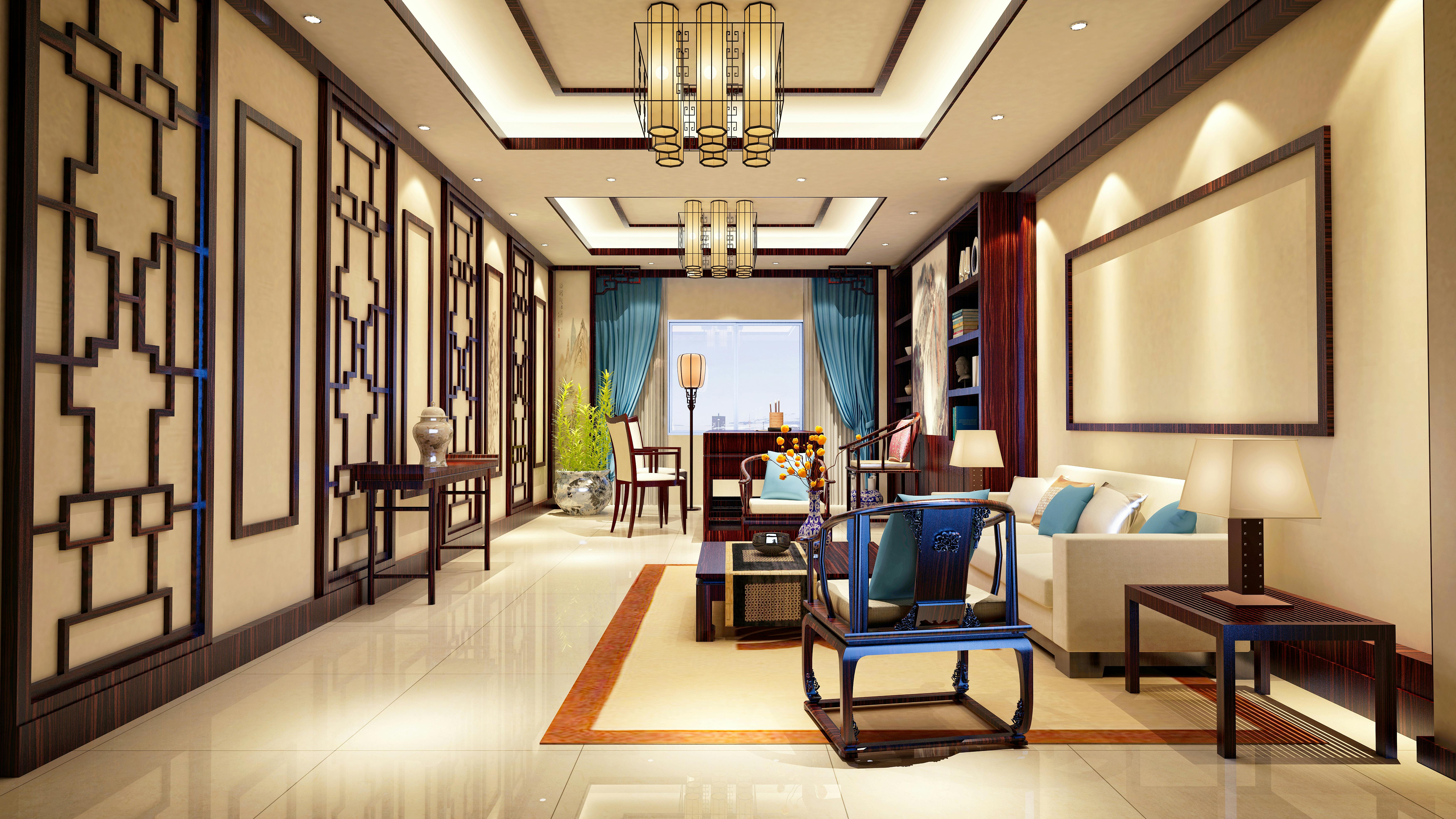 Interior architecture hotel suite design rendering, with dark wood trim and furnishings, neutral walls and floors, and teal and orange accents.