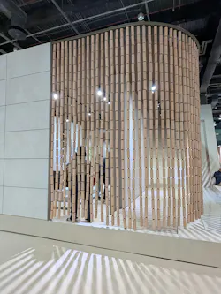 Exagres showed off an extruded, tubular ceramic that was worked into a beaded curtain effect. Exagres showed off an extruded, tubular ceramic that was worked into a beaded curtain effect.