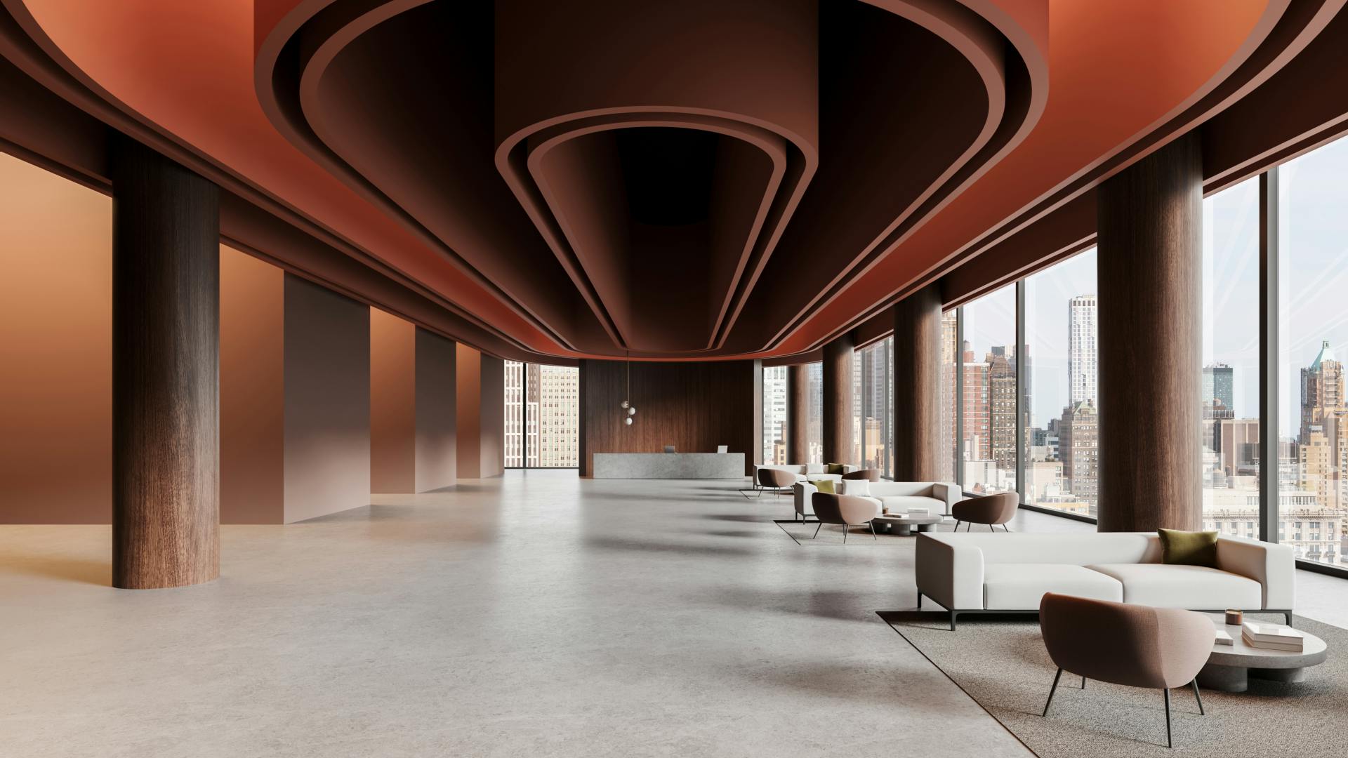 Modern hotel lobby 3D rendering, with rust-colored oval ceiling features, circular wood columns, and neutral tile floor