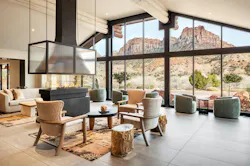 With an incredible mountainous vista as a backdrop, the Hotel De Novo Springdale delivers a contemporary Southwestern lodge ambiance anchored by natural stone, heavy timber framing, and soft, textured, neutral upholsteries and area rugs. With an incredible mountainous vista as a backdrop, the Hotel De Novo Springdale delivers a contemporary Southwestern lodge ambiance anchored by natural stone, heavy timber framing, and soft, textured, neutral upholsteries and area rugs.