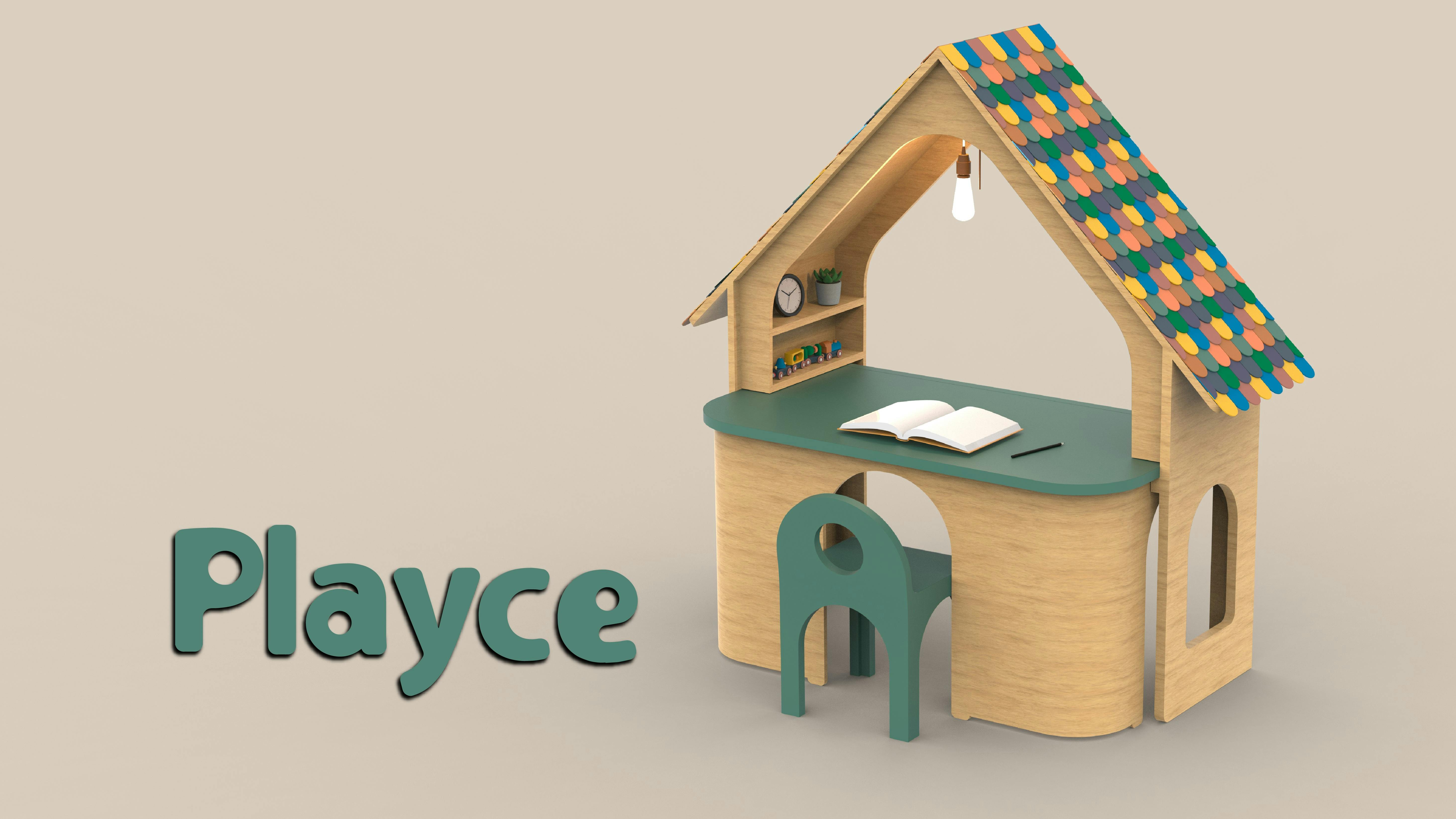 A child's desk with a house-like structure overtop was the winning project in Formica's Innovation Competition.