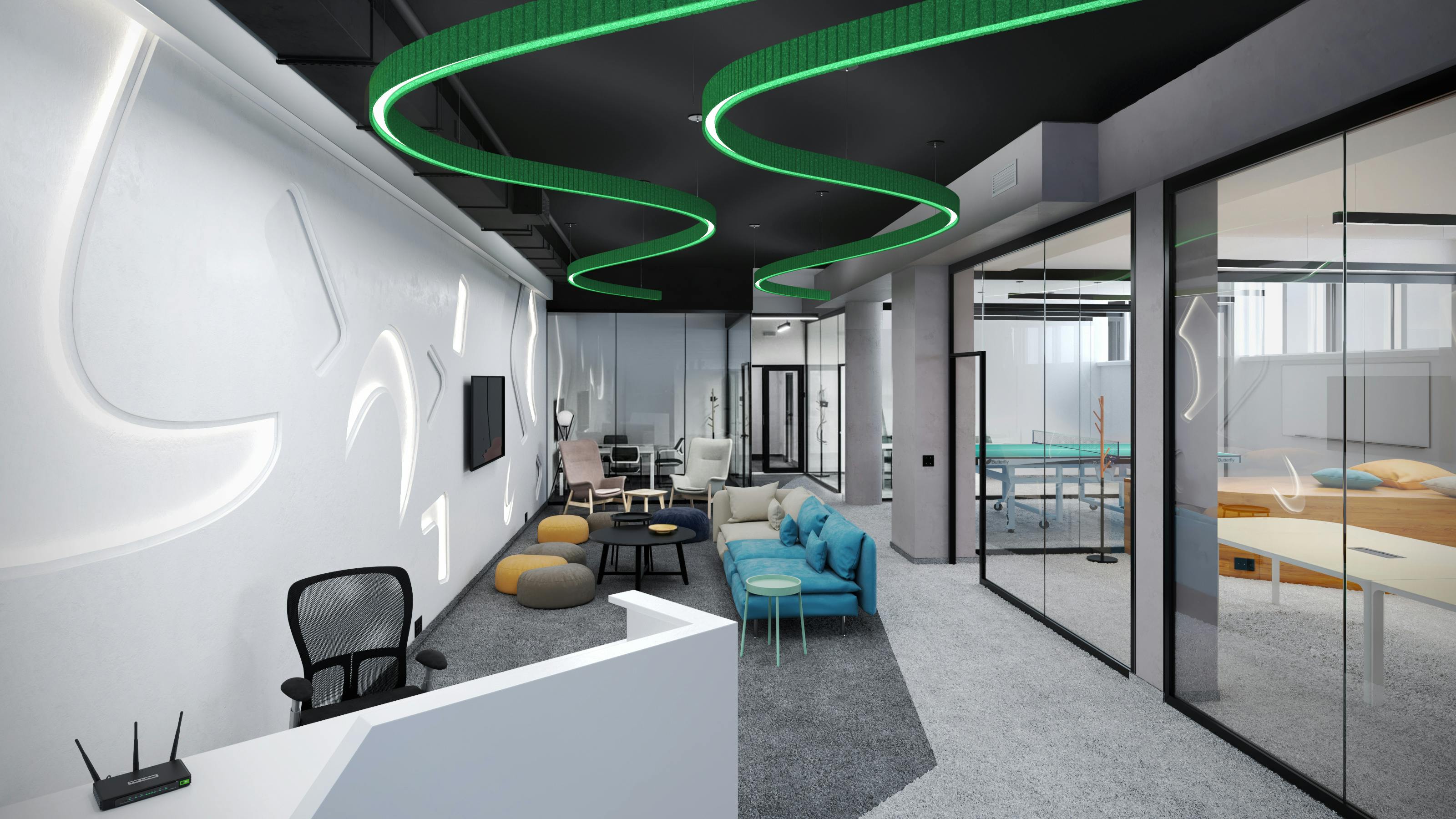 Coronet's LS1 Curve STFU luminaire in green illuminates an office space.