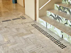 'Podotactile' surfaces with texture can help identify the transition from flat walkways to stairways. 'Podotactile' surfaces with texture can help identify the transition from flat walkways to stairways.
