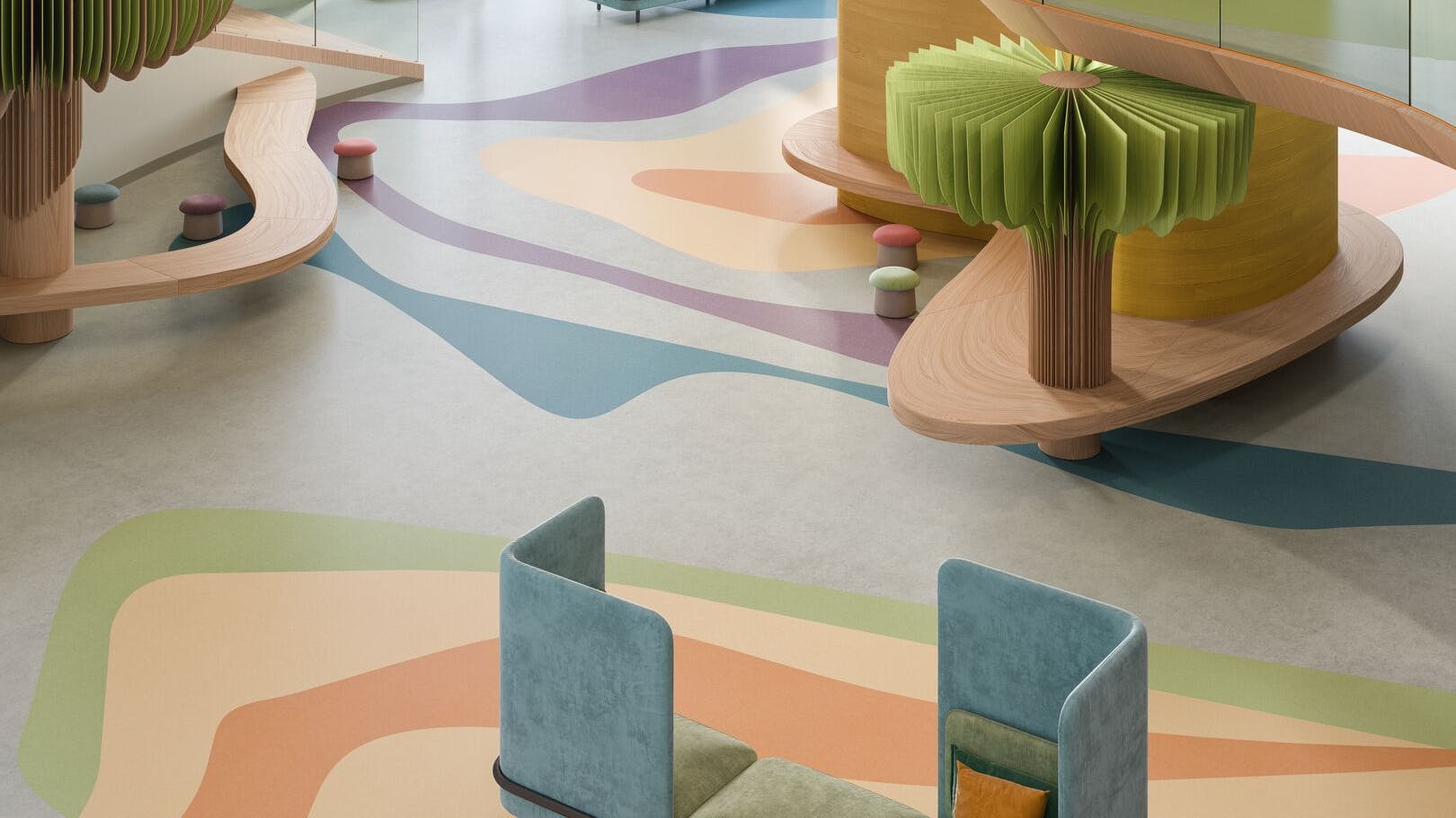 Overhead view of vinyl flooring in wave-like patters with occasional seating and benches and nature-inspired wood forms.