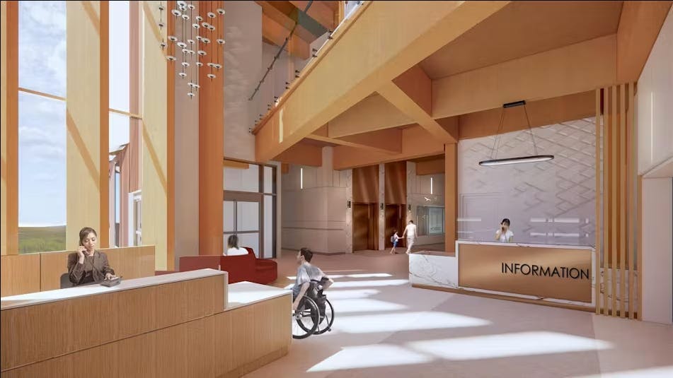 Rendering of reception area with wheelchair user showing mass timber details and ample daylighting.