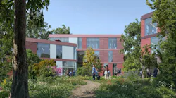 Exterior view of courtyard with people outside. Exterior view of courtyard with people outside.
