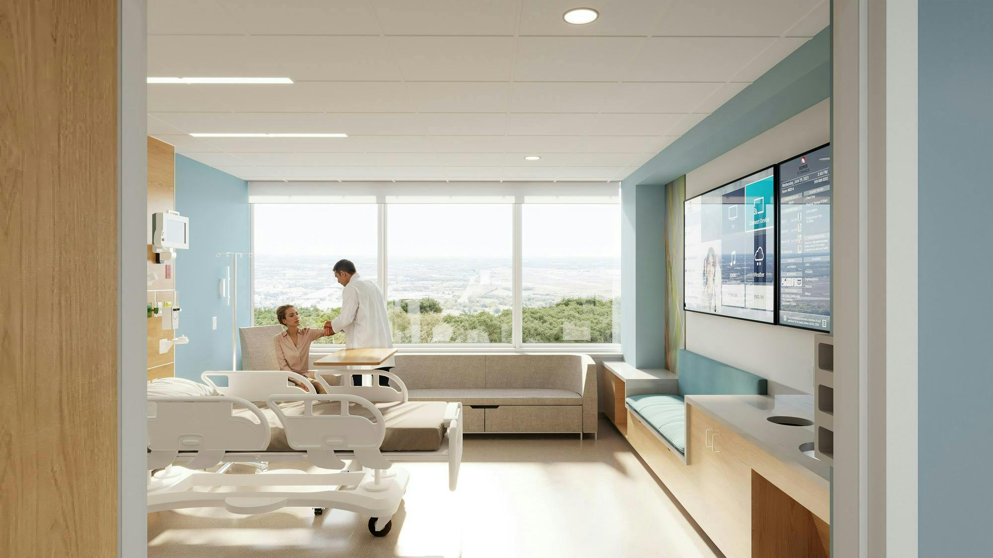 Bright, daylight hospital room with patient and doctor.