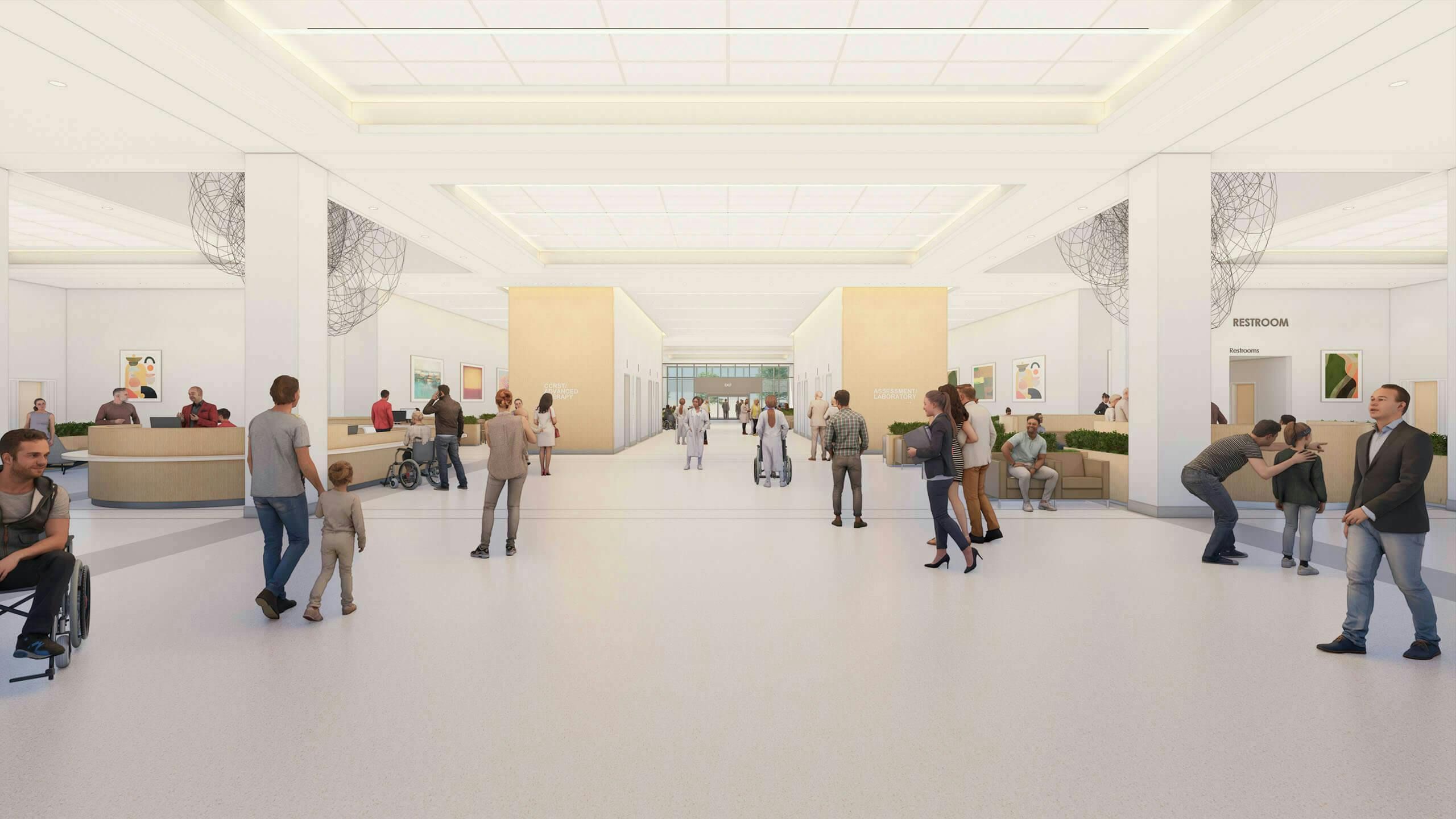 Bright, expansive lobby area of hospital with people walking and seated.