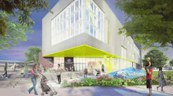 Rendering of exterior entrance to new community center with people walking outside at dusk. Rendering of exterior entrance to new community center with people walking outside at dusk.