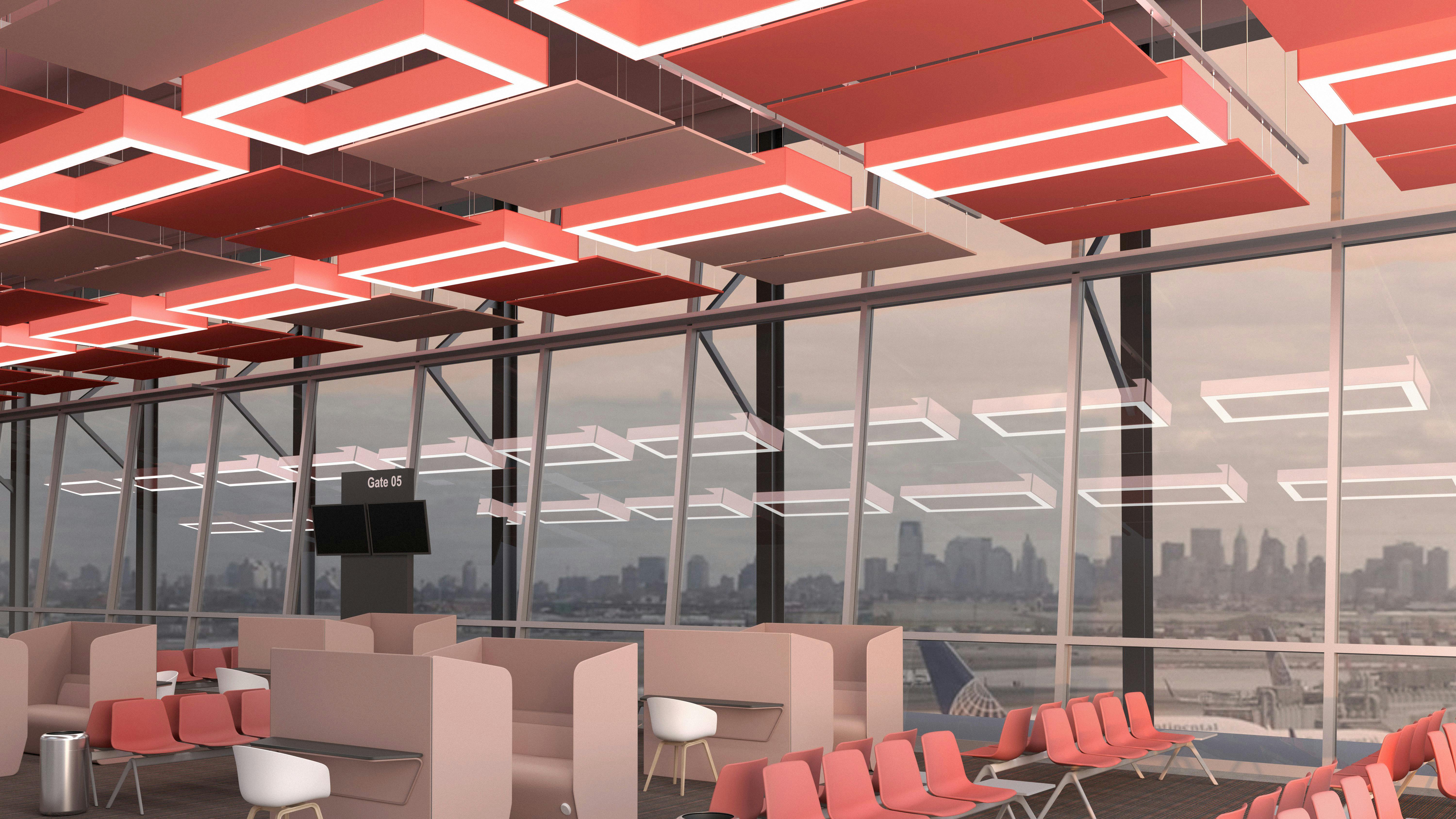 Rendering of airport terminal with hanging rectangular acoustic lighting fixtures and bench seating and pods below.