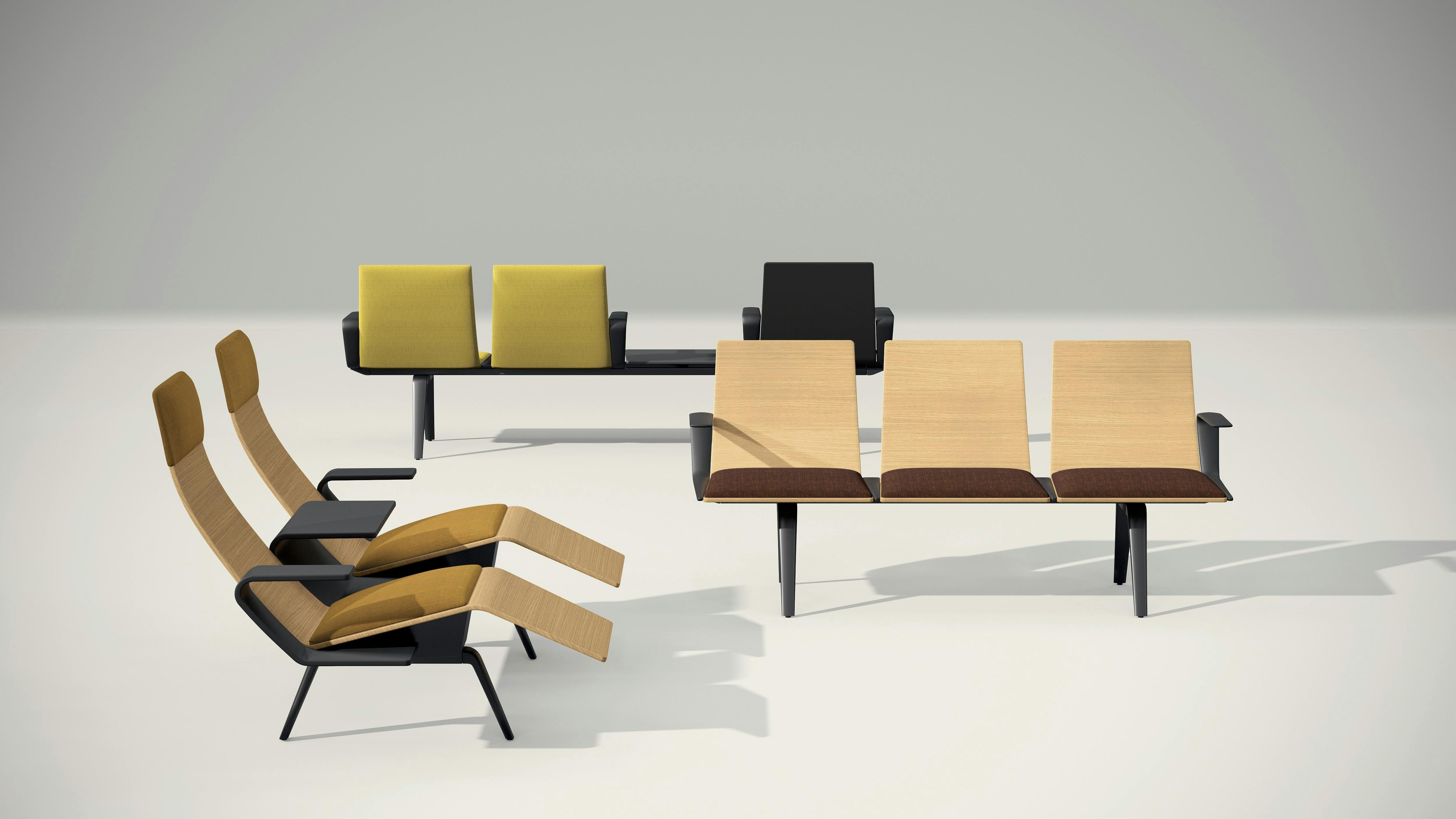 Variety of contemporary bench seating configurations featuring upholstered seat cushions and wood backs with black metal arm capts.