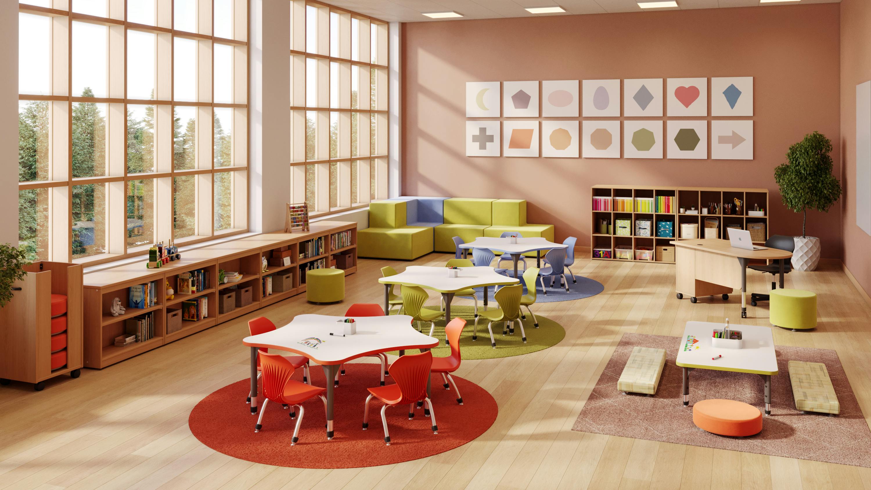 Marco Early Learning Classroom with soft shapes, rounded corners, and designated areas for solo work and group projects.