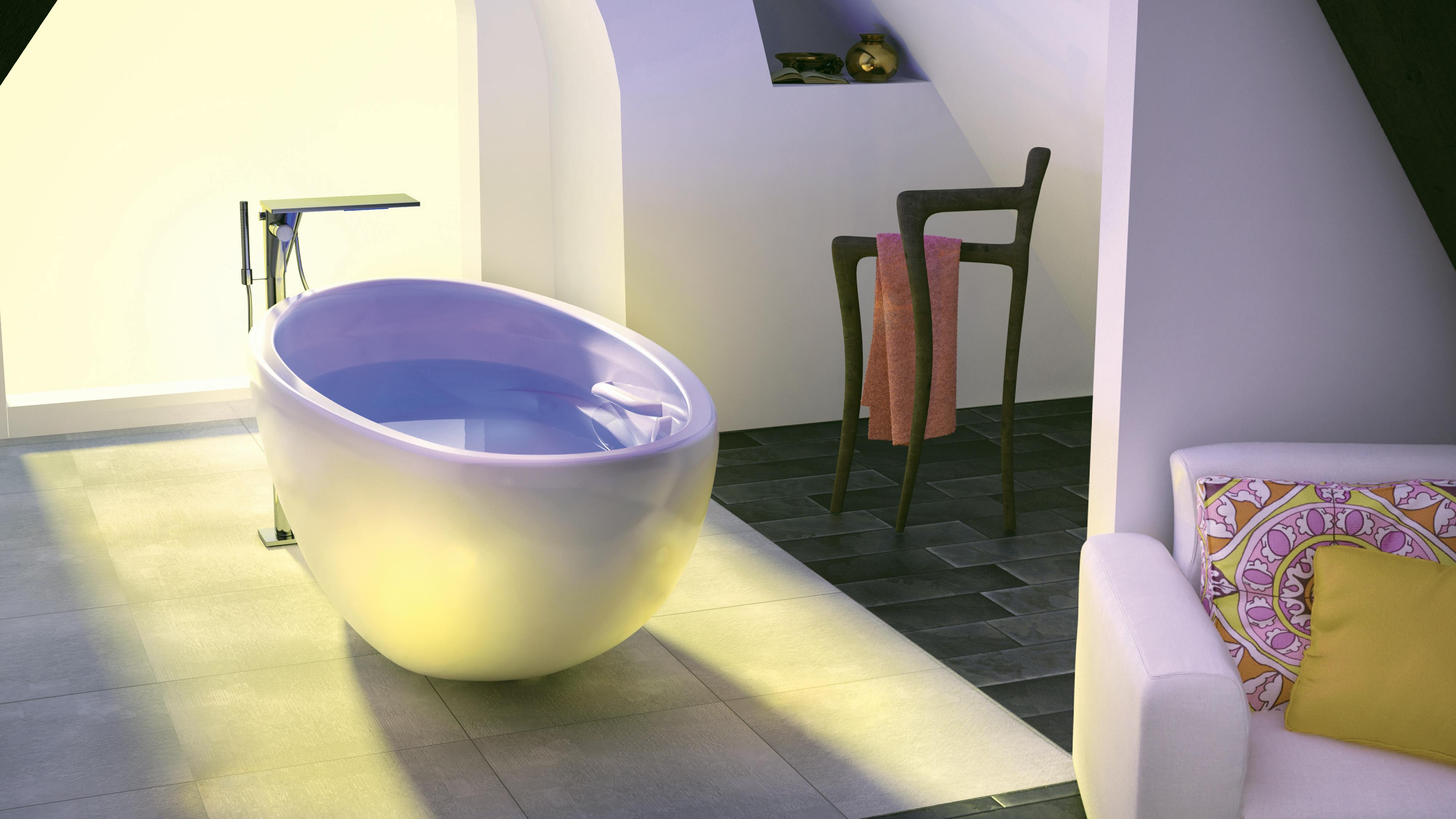 The Essencia Oval 7236 Freestanding Bath is an airbath that surrounds the body in comfort. Shown in a high-end bathroom in front of a frosted window.
