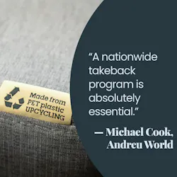 'PET Plastic upcycling' product label tag on the sofa seat fabric material part. 'PET Plastic upcycling' product label tag on the sofa seat fabric material part.