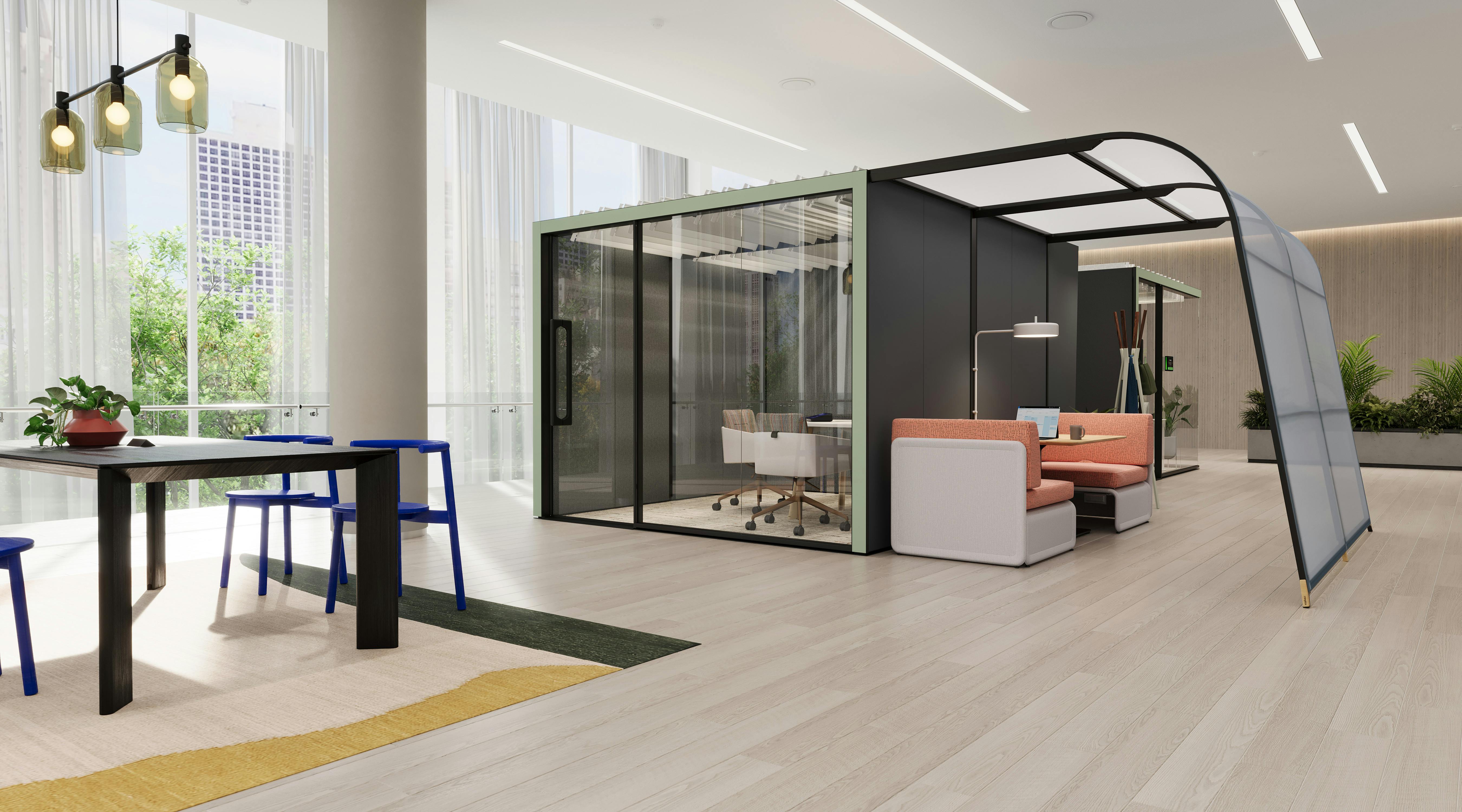 Modern workplace featuring Steelcase's Campers & Dens awning with booth seating beneath adjacent to glass enclosed meeting space.