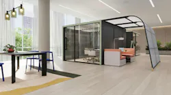 Modern workplace featuring Steelcase's Campers & Dens awning with booth seating beneath adjacent to glass enclosed meeting space. Modern workplace featuring Steelcase's Campers & Dens awning with booth seating beneath adjacent to glass enclosed meeting space.