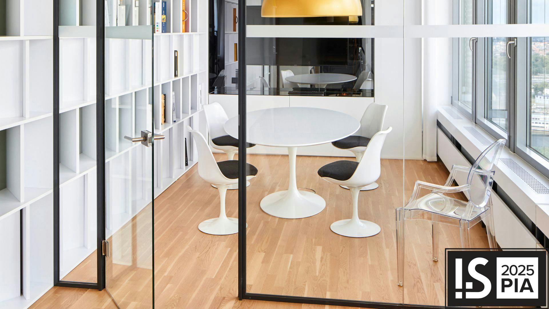 The Fallbrook Series Partitions features slim, floating door frames for placemaking any space.