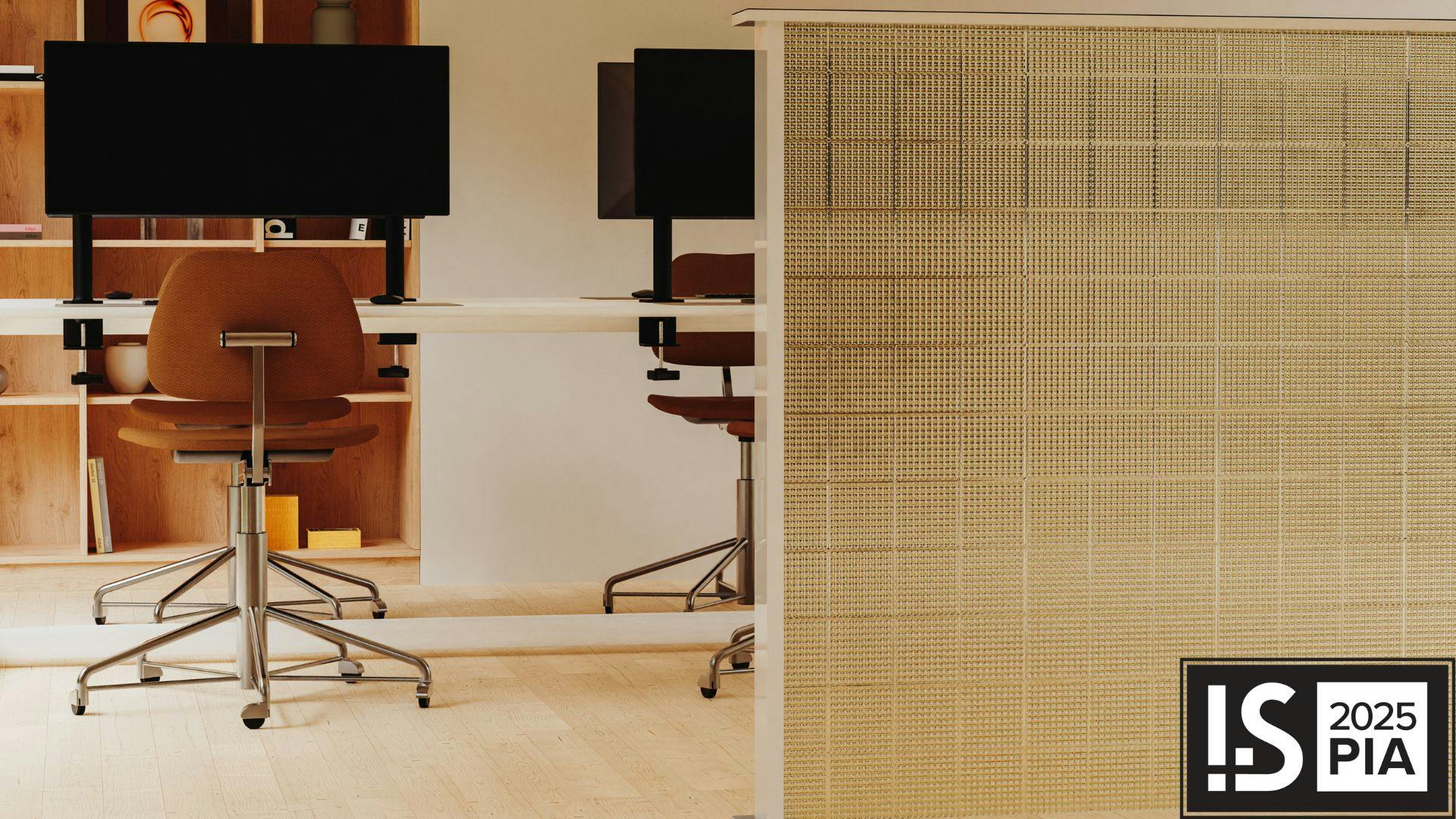 Dual-Sided Texture: Soho Nectar in iltuo bone gray matte in front of a desk and chairs.