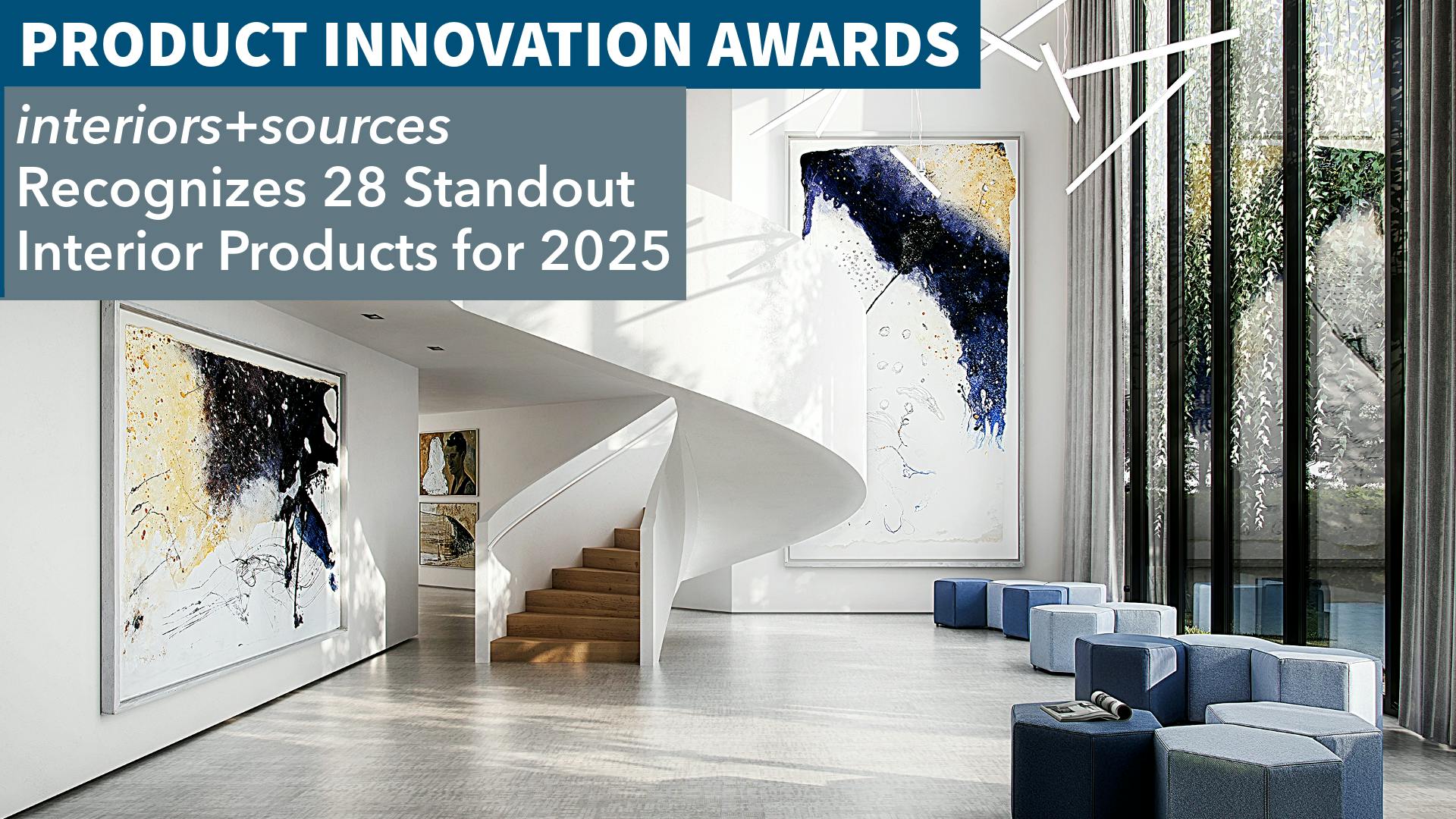 interiors+sources announces 28 winners in the 2025 Product Innovation Awards program. Background image of white lobby with blue, gold, and black modern artwork, from Wineo Flooring.