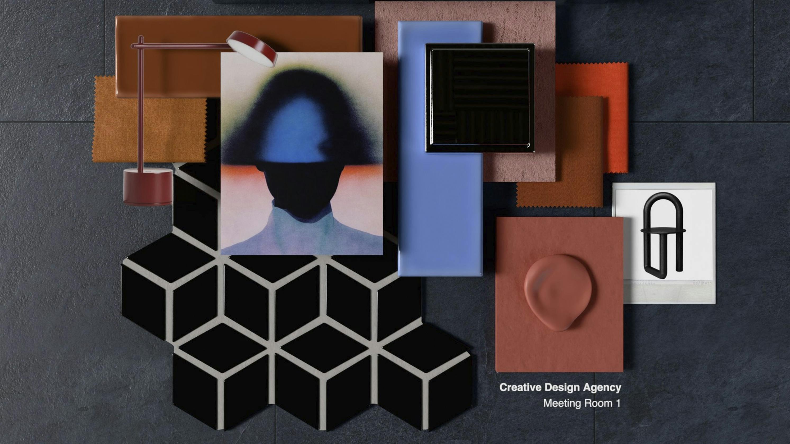 Mood board of various materials against dark gray background.