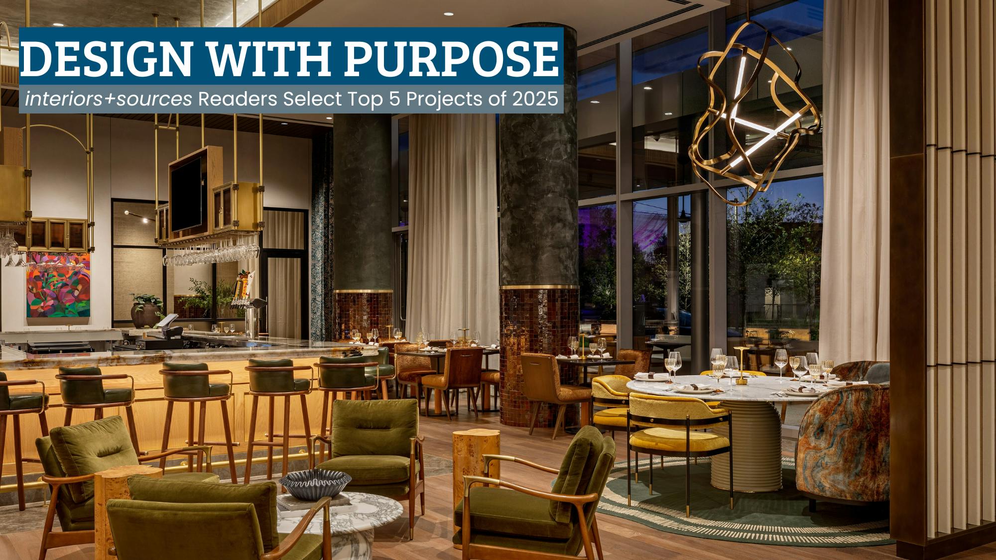 Readers selected the top 5 projects of 2025 from the catalog of interiors+sources projects. One of the top five projects is the HALL Park Hotel. The hotel&rsquo;s amenities take their cues from a blend of residential d&eacute;cor, furnishings, and fixtures leveled up to greater sophistication to deliver a cozy and hospitable atmosphere in lounge and dining areas.