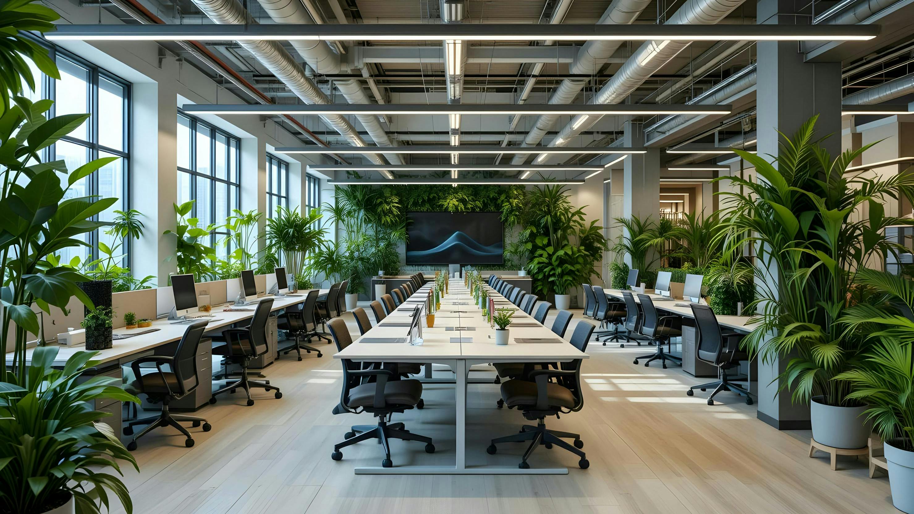 A biophilic office space with central conference area and individual workstations, with an industrial aesthetic softened by many indoor plants.