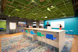 Workplace interior with open collaboration areas, enclosed meeting rooms, and access to wellness amenities, executed in complementary shades of lime green, vibrant orange, turquoise, and cyan with grounding neutrals. Workplace interior with open collaboration areas, enclosed meeting rooms, and access to wellness amenities, executed in complementary shades of lime green, vibrant orange, turquoise, and cyan with grounding neutrals.