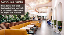 Seating nooks at Relish Food Hall + Pickleball with bench, lounge, and individual seating in honey mustard, emerald, and palm green tones; a pegboard-look wallcovering and blush pink ceiling create a warm, inviting contrast to the venue’s larger open spaces. Seating nooks at Relish Food Hall + Pickleball with bench, lounge, and individual seating in honey mustard, emerald, and palm green tones; a pegboard-look wallcovering and blush pink ceiling create a warm, inviting contrast to the venue’s larger open spaces.