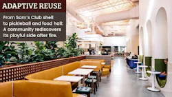 Seating nooks at Relish Food Hall + Pickleball with bench, lounge, and individual seating in honey mustard, emerald, and palm green tones; a pegboard-look wallcovering and blush pink ceiling create a warm, inviting contrast to the venue’s larger open spaces. Seating nooks at Relish Food Hall + Pickleball with bench, lounge, and individual seating in honey mustard, emerald, and palm green tones; a pegboard-look wallcovering and blush pink ceiling create a warm, inviting contrast to the venue’s larger open spaces.