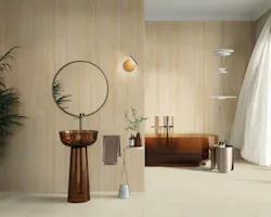 Travertine look large format tile in luxury bathroom Travertine look large format tile in luxury bathroom