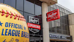Exterior of the Rawlings Experience Center with brand signage and large baseball sculpture Exterior of the Rawlings Experience Center with brand signage and large baseball sculpture