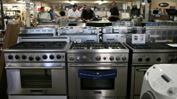 An array of stoves at a San Francisco appliance store