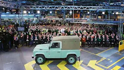 Seven hundred current employees gathered at the plant in Solihull England to commemorate the end of the 68year production run of the Jaguar Land Rover Defender Seven hundred current employees gathered at the plant in Solihull England to commemorate the end of the 68year production run of the Jaguar Land Rover Defender