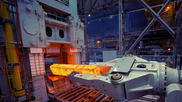 The inline forge press at the Faircrest Steel Plant delivers 6000 psi of force to compress heated ingots in to shape for largebar rolling The opendie press helps the steelmaker improve the center soundness of its SBQ steel